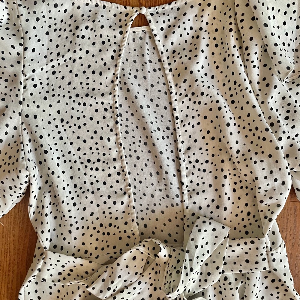 She & Sky White Black Polka Dot Open Back Peplum Top with Lace Detail - Picture 6 of 6